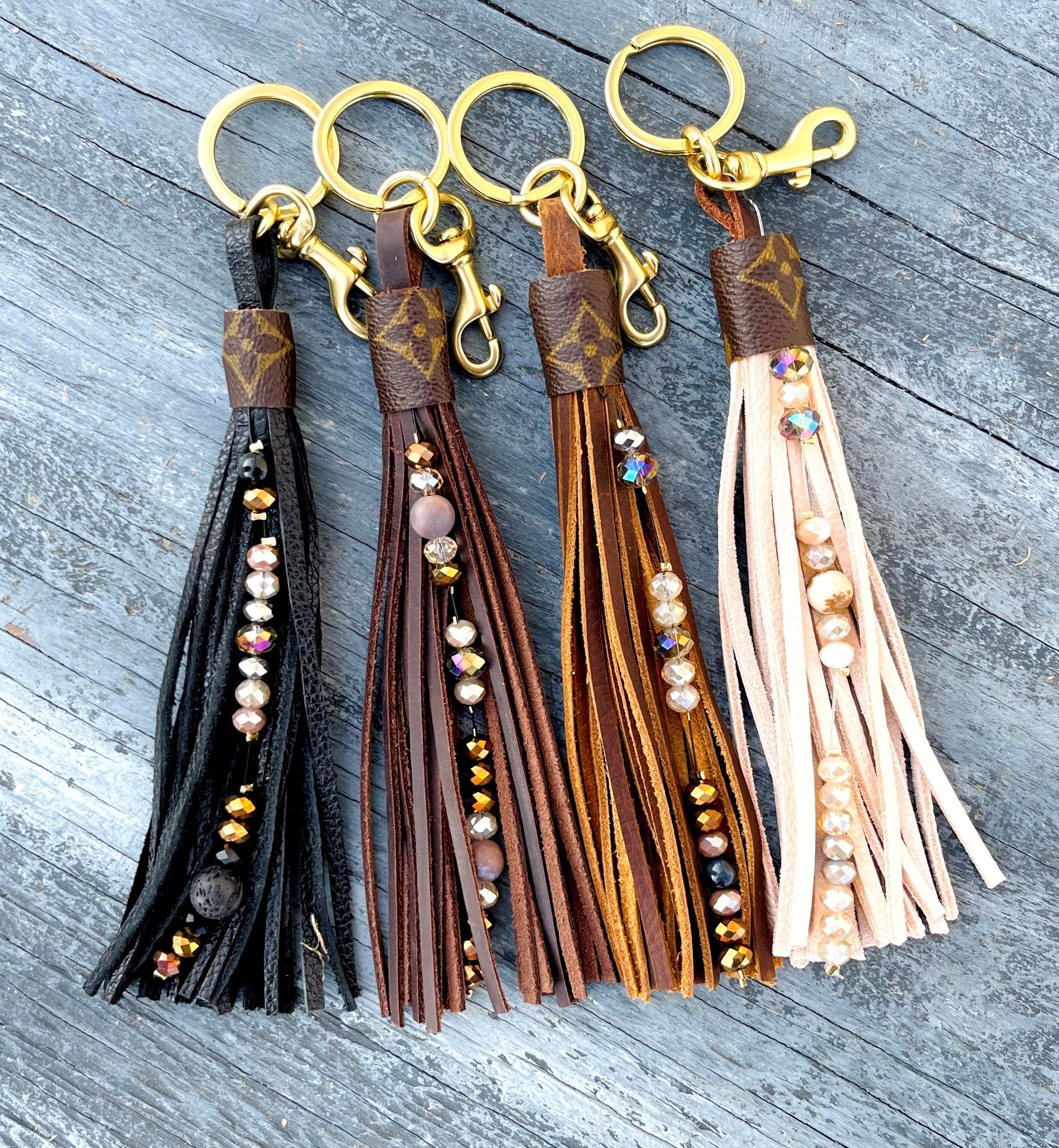 Upcycled Genuine Leather Beaded LV Keychain/Purse Tassel – Anagails