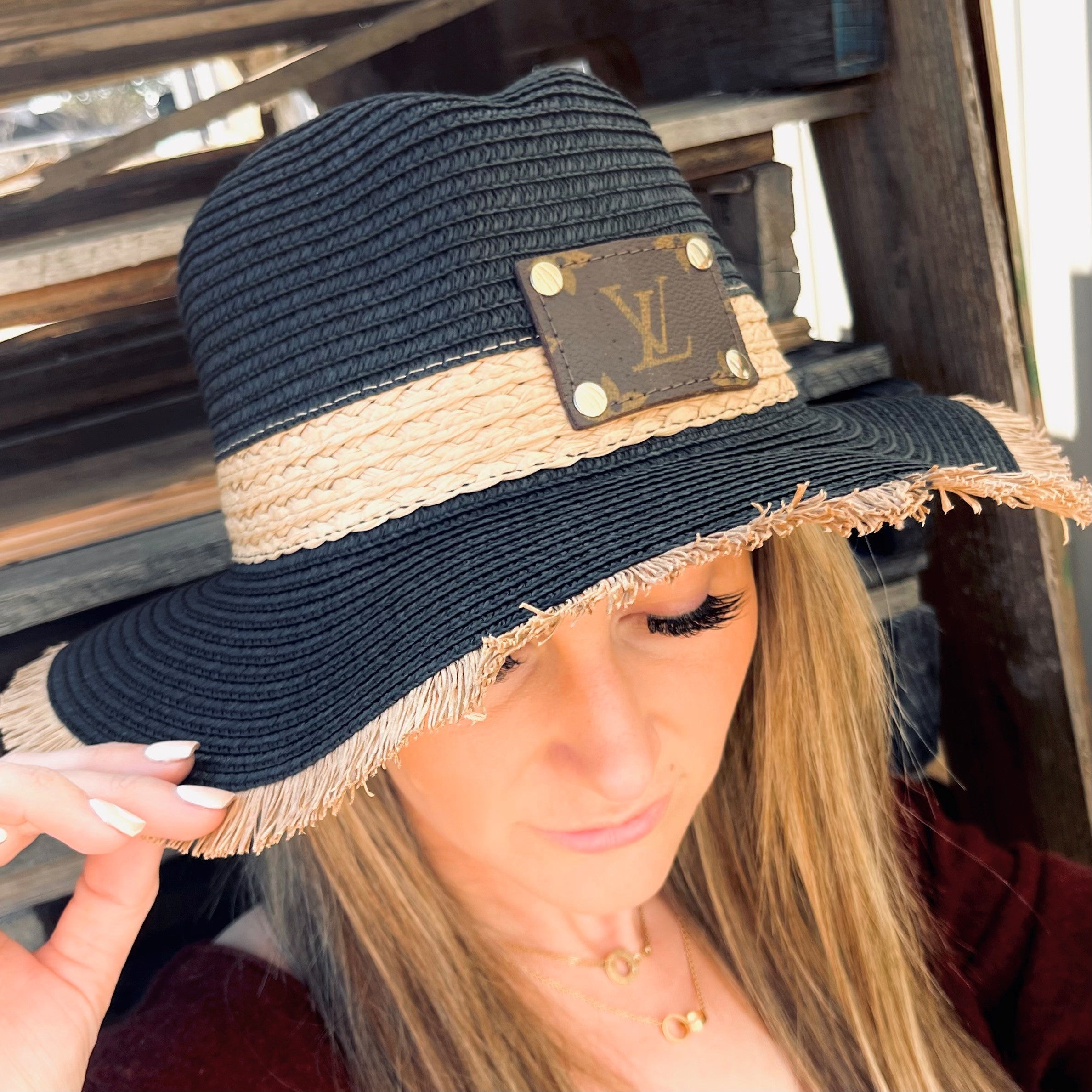 Anagails Upcycled Louis Vuitton Patch Tan Tulum Straw Hat